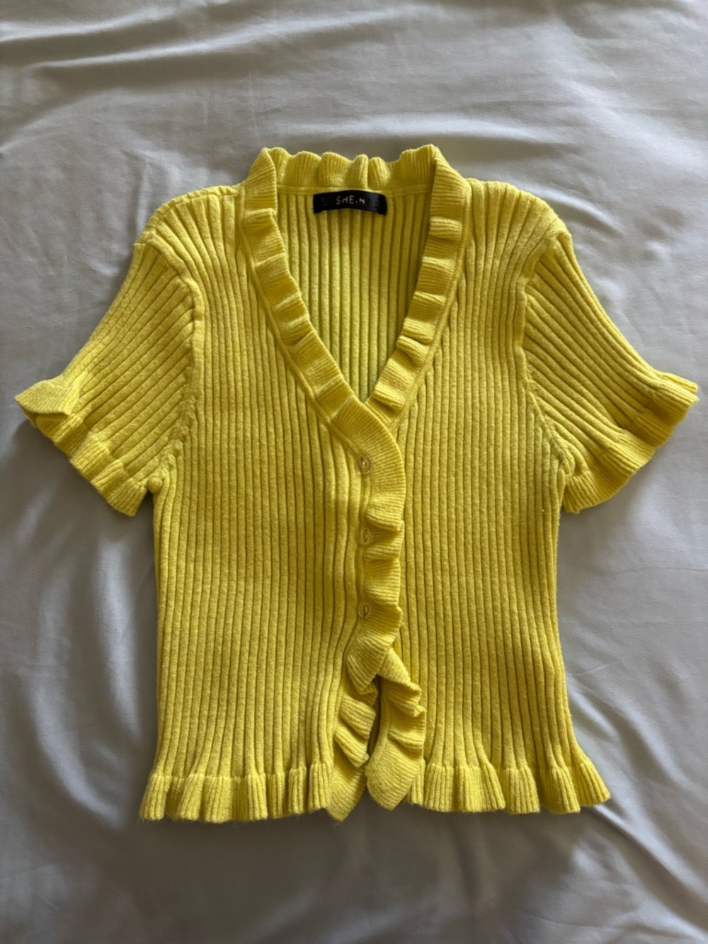 SHEIN Bright Yellow Ruffle-Trim Ribbed Short-Sleeve Sweater Cardigan